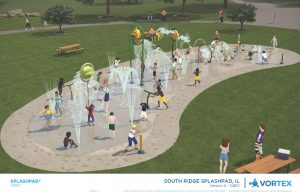 Picture features the 4,000 sq splash pad, with different water buckets and spray features.